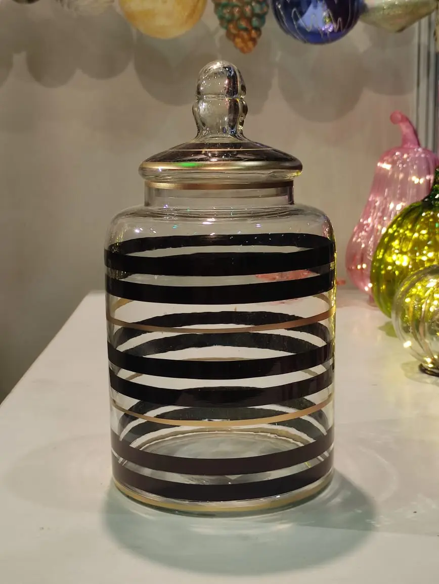 Black Striped Glass Jar — Handcrafted Export Product by NXTGENEXPORTS, Moradabad
